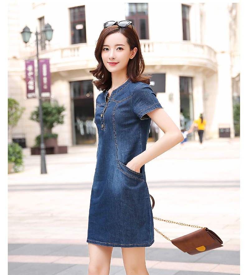 ĐẦM JEAN SUÔNG CỔ TRỤ TÚI XÉO